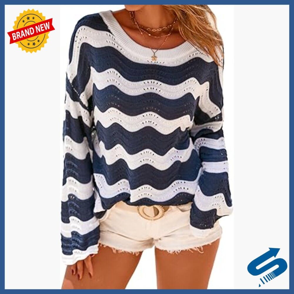 Linen Blend Crochet Bell Sleeve Beach Coverup Top Relaxed Fit
